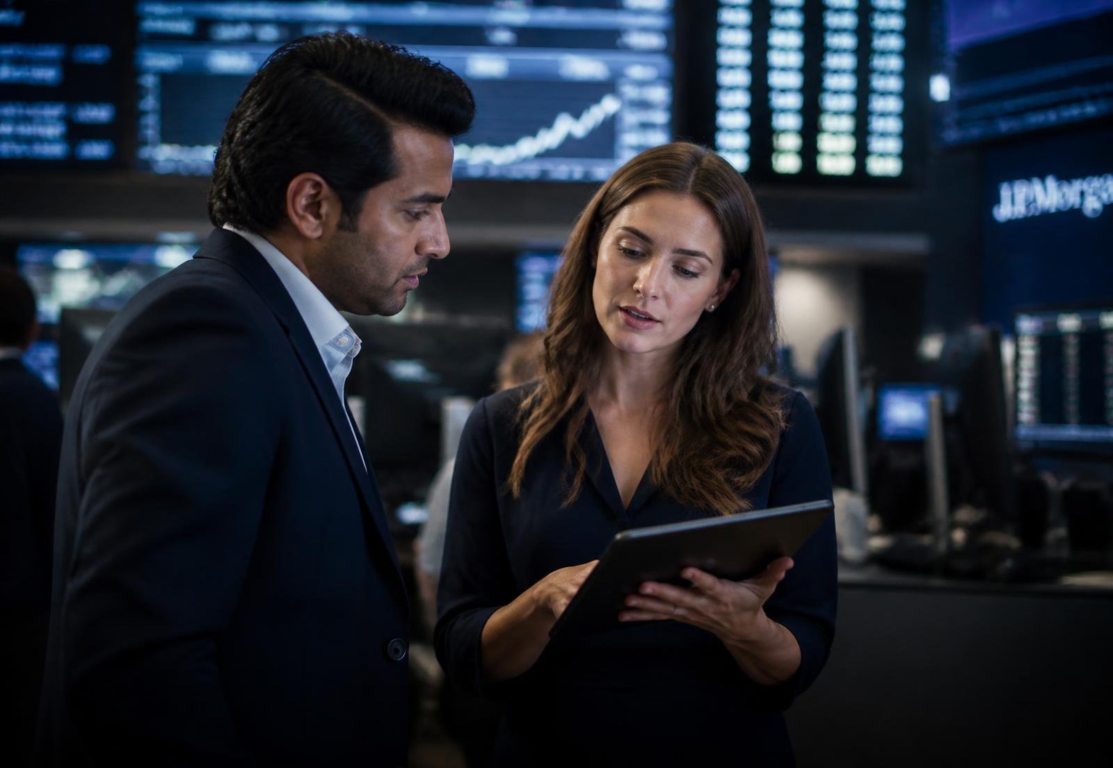 Dark glass trading floor architecture with faint market data surfaces